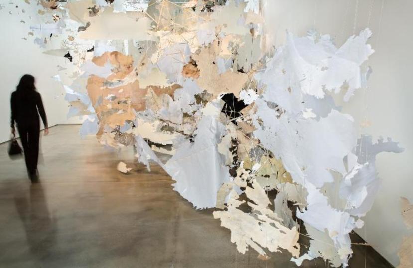 Val Britton/The Continental Interior/2013/Site-specific mixed media installation of hand cut paper, ink, tempera, and thread.Created for the exhibition "Intimate Immensity" at the San Jose Institute of Contemporary Art, San Jose, California.
